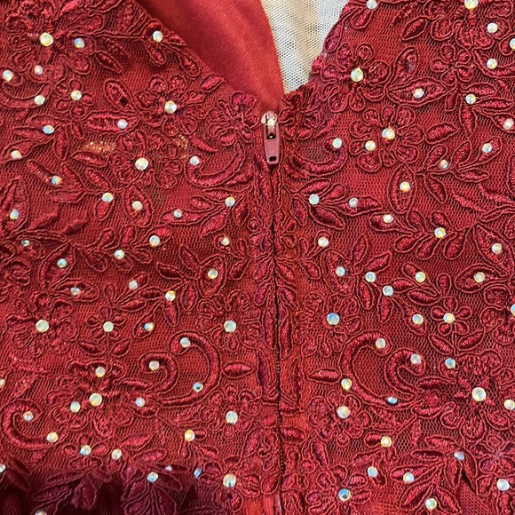 Dark Red Tea Party Dress with gem covered bust and ruffled skirt - Picture 6 of 7